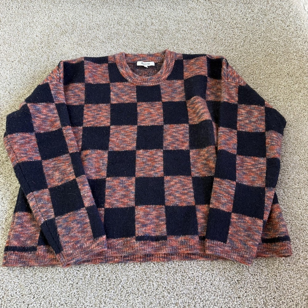 Madewell Sweater Womens Large Multicolor Checkered Crew Neck Tight-Knit Pullover